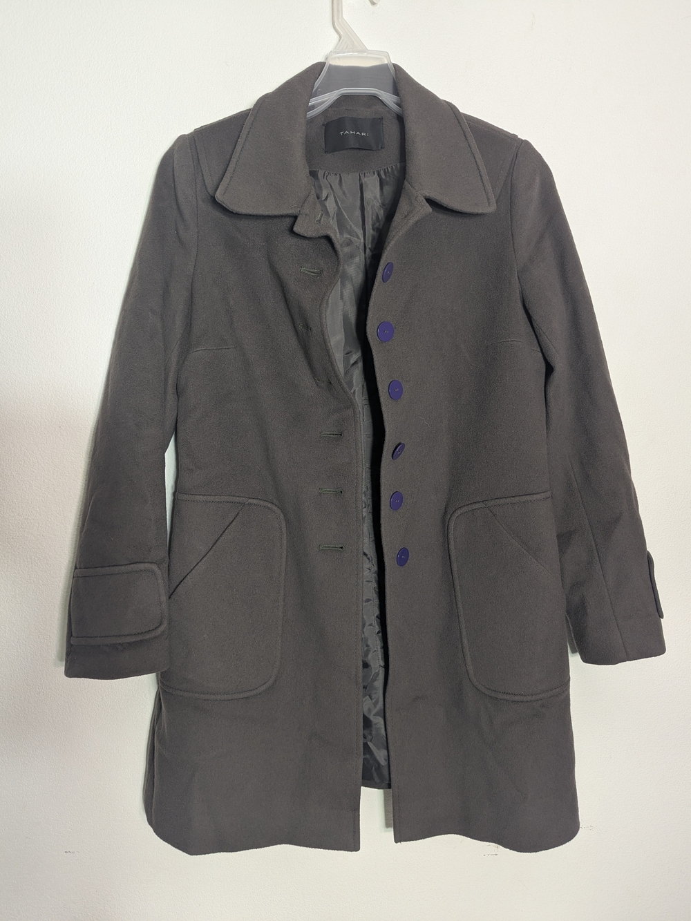 Tahari Women Long Coat 100% Wool Military Olive Army Green Quiet Luxury Winter 8